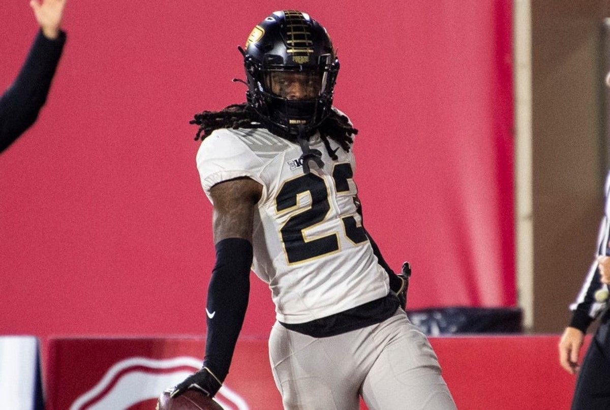 Purdue's Cory Trice (23) scores a defensive touchdown during the second half of the Indiana versus Purdue football game at Memorial Stadium on Saturday, Nov. 26, 2022
